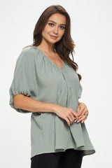 Cotton V neck Puff Sleeve Tunic Top Renee C.   