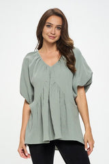 Cotton V neck Puff Sleeve Tunic Top Renee C.   