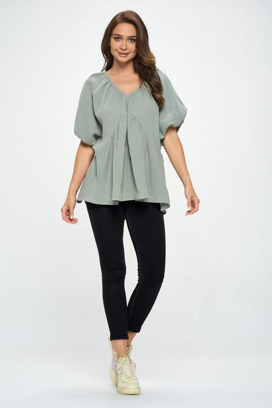 Cotton V neck Puff Sleeve Tunic Top Renee C.   