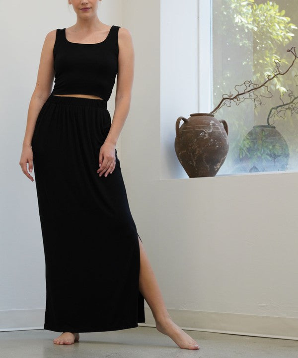 Bamboo Classic Slit Maxi Skirt Fabina BLACK S 