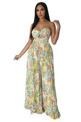 Floral Bandeau Style Wide Leg Jumpsuit By Claude YELLOW GREEN S 