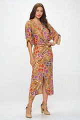 Leaf Print Kimono Dress with Front Twist Renee C.   