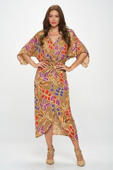 Leaf Print Kimono Dress with Front Twist Renee C.   