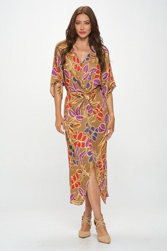 Leaf Print Kimono Dress with Front Twist Renee C.   