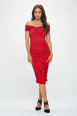 Red Off Shoulder Ruched Midi Bodycon Dress Renee C.   