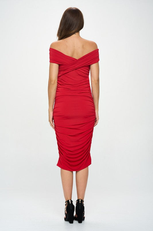 Red Off Shoulder Ruched Midi Bodycon Dress Renee C.   