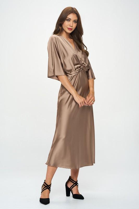 Brown Satin Stretch Dress with Front Twist Renee C.   