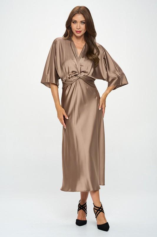 Brown Satin Stretch Dress with Front Twist Renee C.   