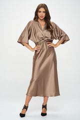 Brown Satin Stretch Dress with Front Twist Renee C.   