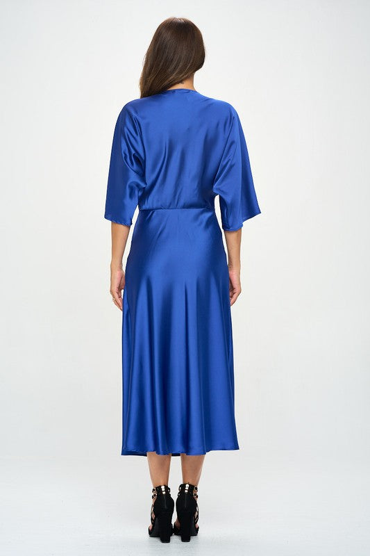 Blue Satin Stretch Dress with Front Twist Renee C.   