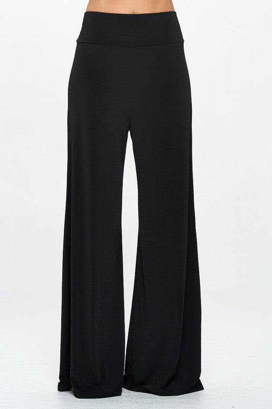 Solid Black Straight Wide Leg Pants - Thick Waistband Renee C. BK S 