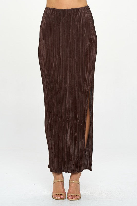 Brown Plisse Maxi Skirt with Slit Renee C. Brown S 