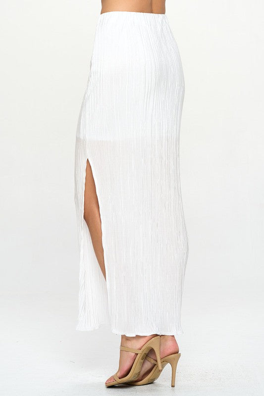 White Plisse Maxi Skirt with Slit Renee C.   