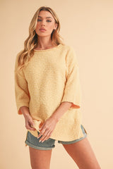 Side Slit Ribbed Hem Round Neck Sweater Aemi + Co