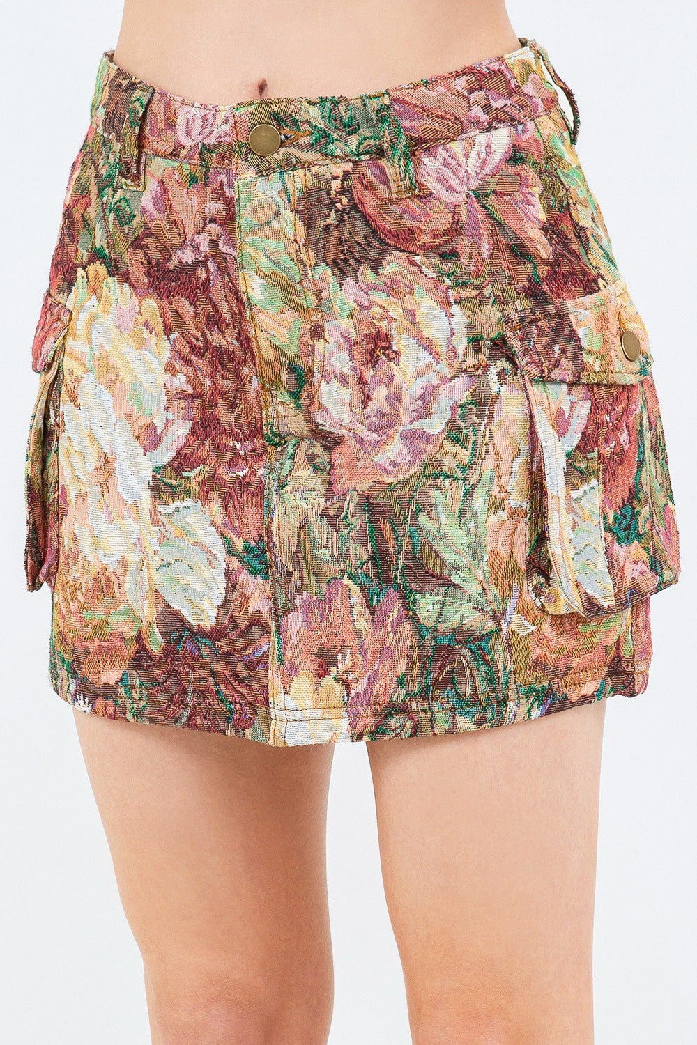 Jacquard Weave Floral Cargo Pocket Skirt American Bazi   