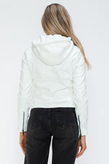 Faux Leather Zip Up Drawstring Hooded Jacket Snobbish