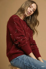 Pearl-Embellished Long Sleeve Sweater Umgee