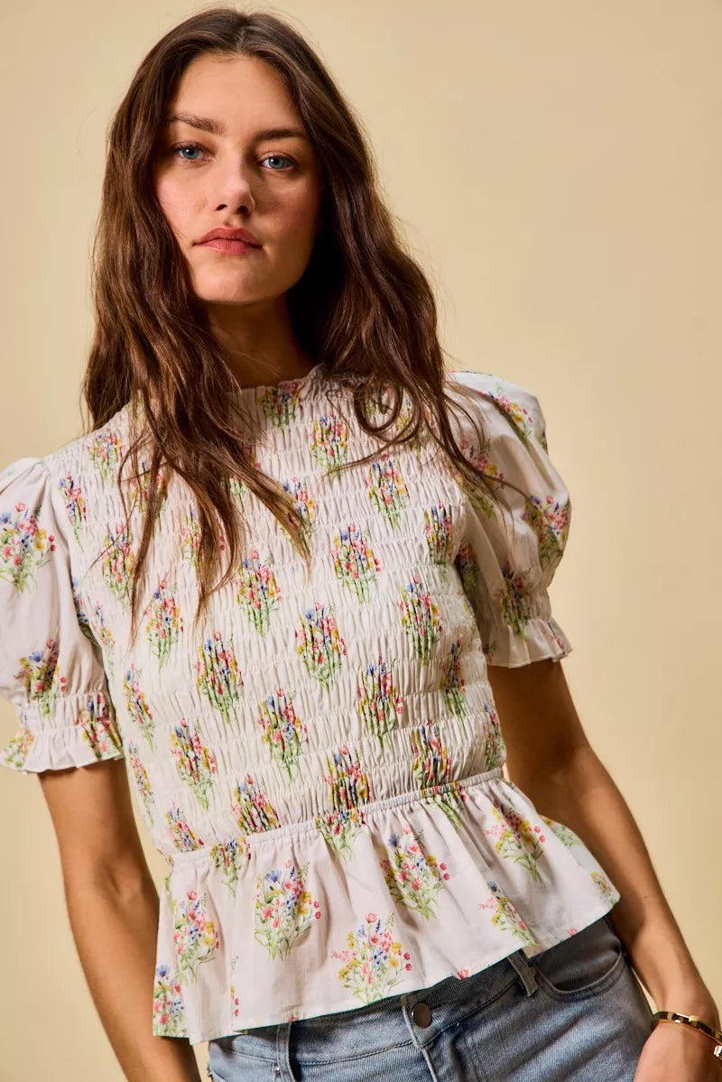 Floral Cotton Smocked Short Sleeves Blouse So Me