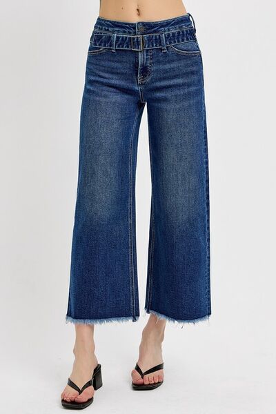 Raw Hem Wide Leg Attached Buckle Jeans Risen