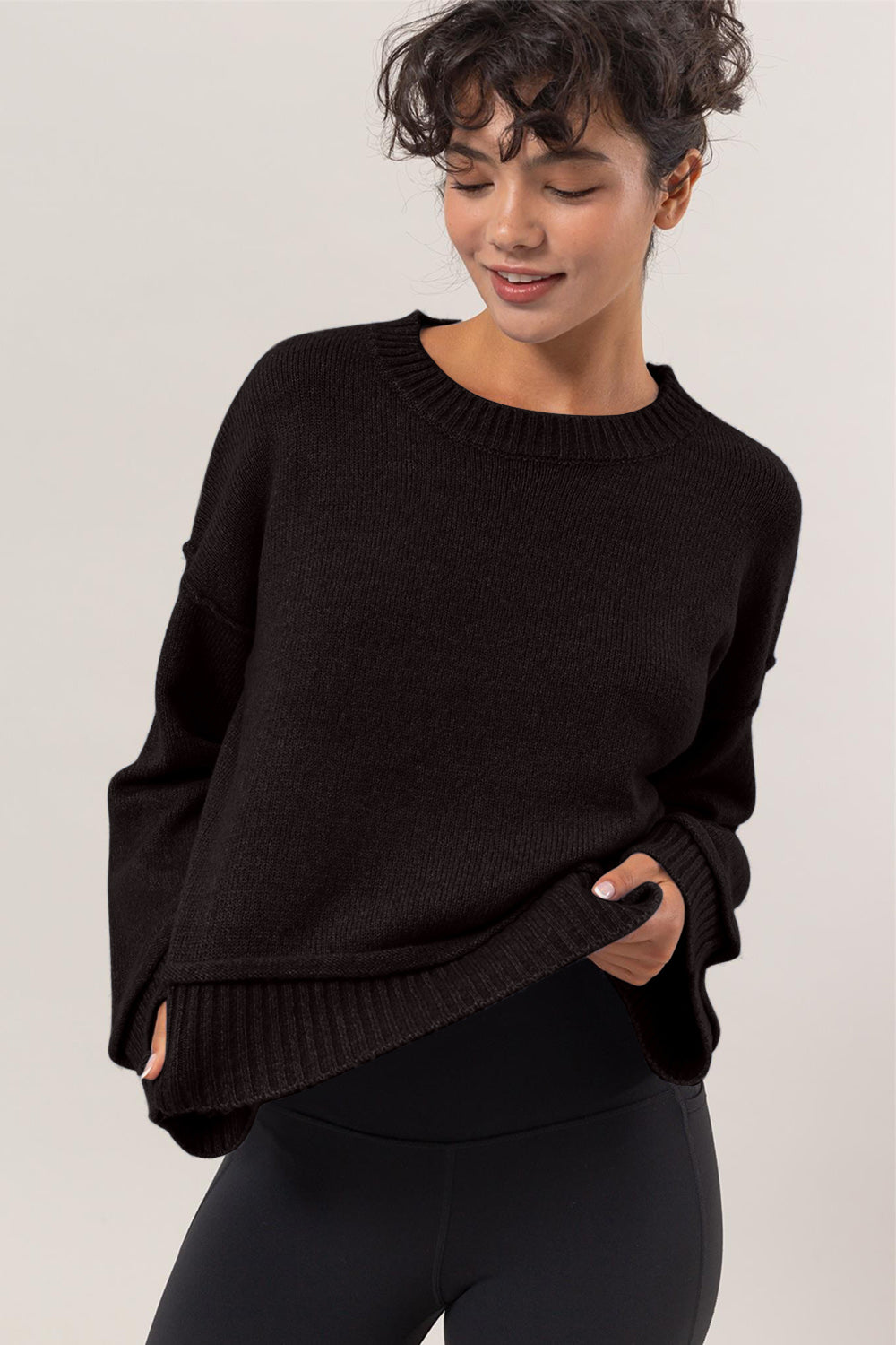 Round Neck Dropped Shoulder Ribbed Sweater HYFVE Black S 