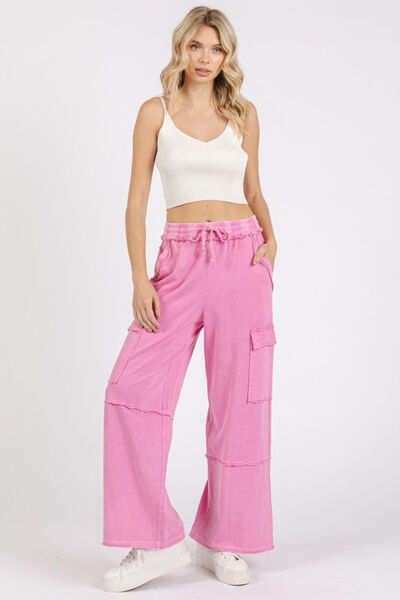 Mineral Wash Elastic Waist Cargo Wide Leg Pants Mittoshop