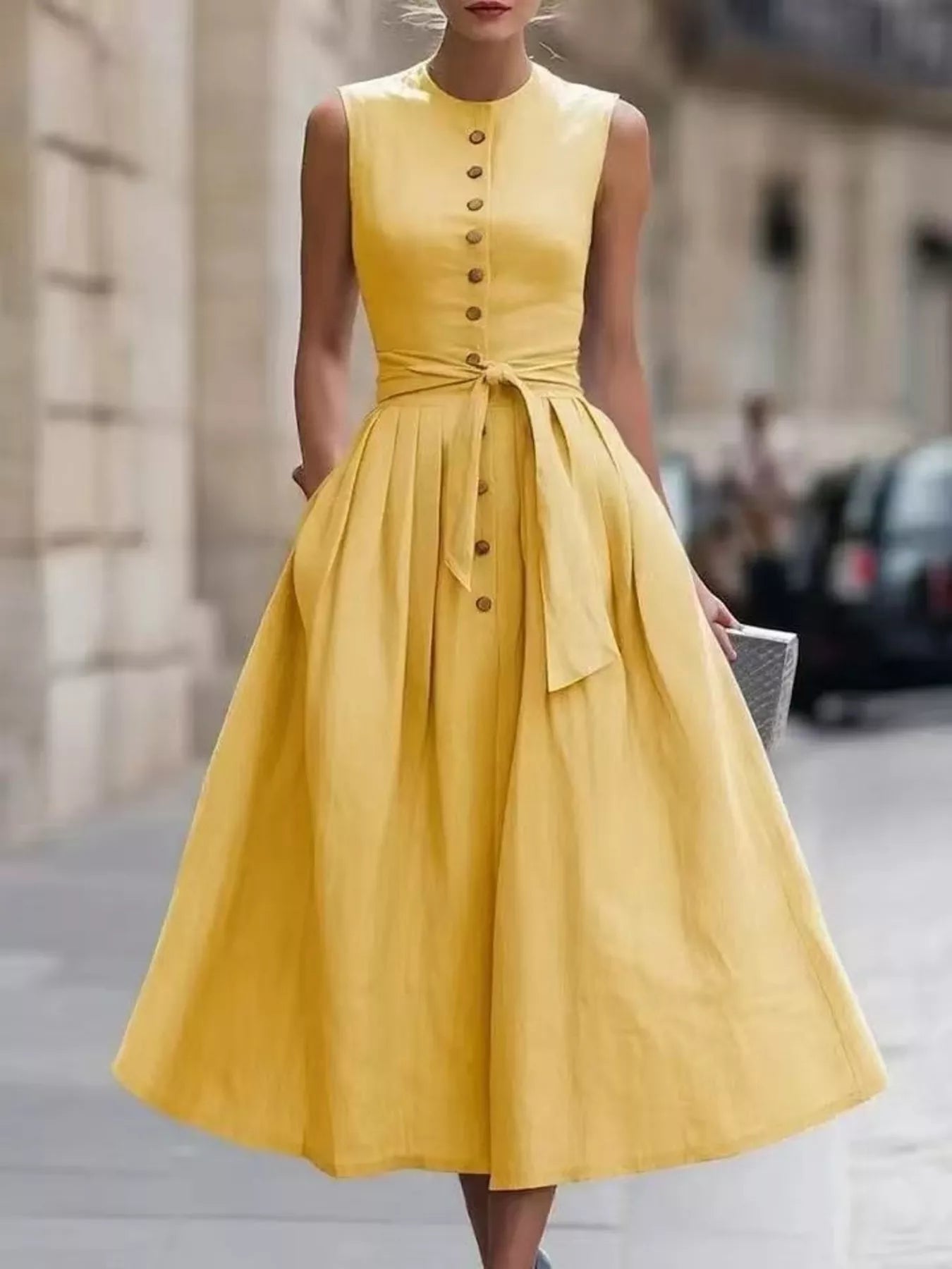 Sleeveless Button-Front Belted Midi Dress Simmer & Fay Gold S