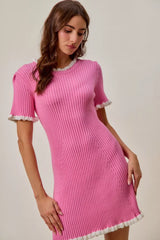 Contrast Ruffled Sweater Knit Mini Dress So Me