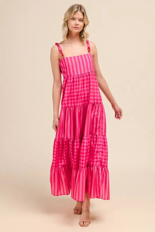 Stripe Tiered Maxi Dress with Colorful Chain Strap So Me