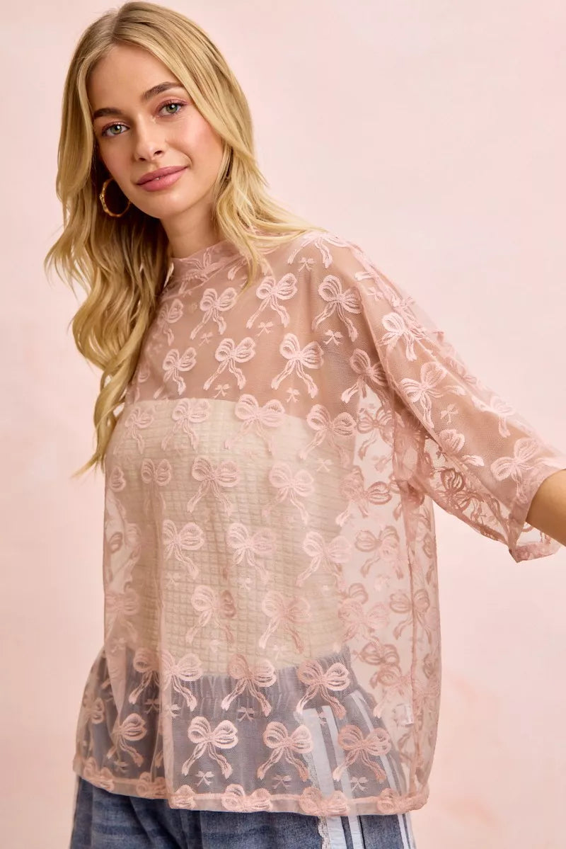Bow Pattern Short Sleeves Boxy Mesh Top BiBi