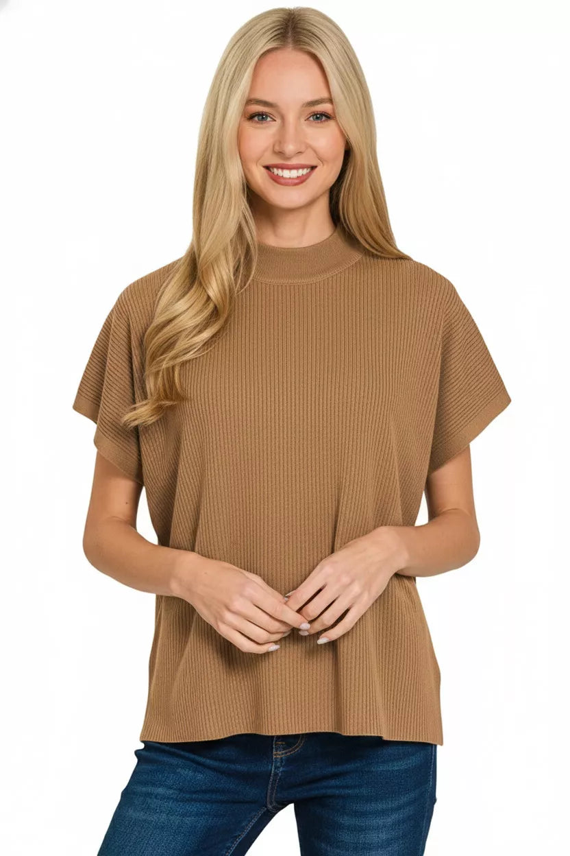 Viscose Mock Neck Short Sleeve Boxy Sweater ZENANA