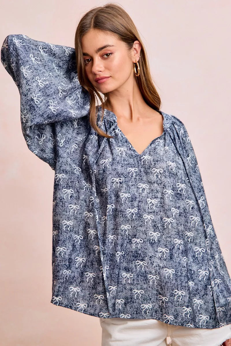 Ribbon Bow Print Exaggerated Balloon Sleeves Top BiBi