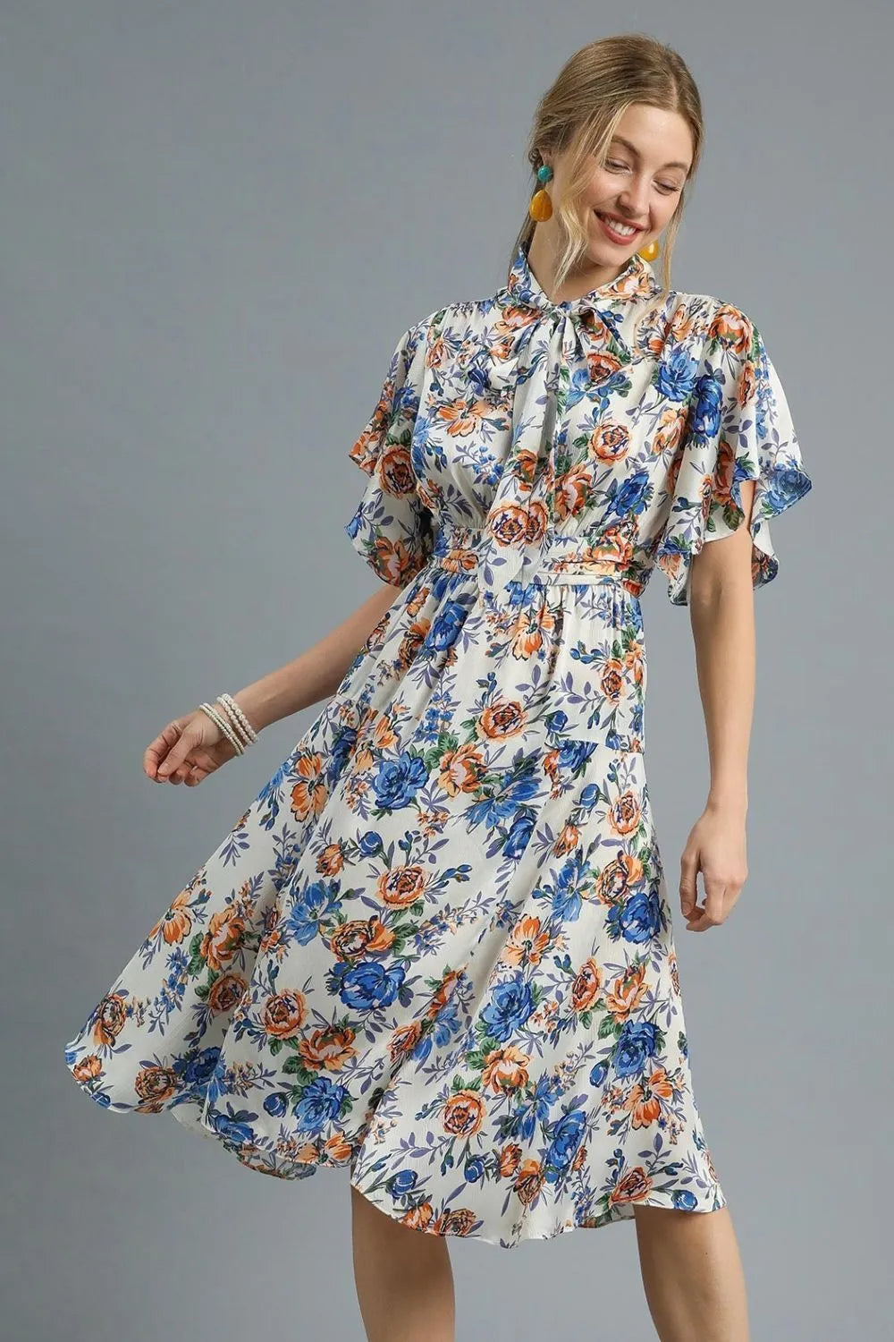 Floral Print Flutter Sleeve Dress Umgee Royal Blue S