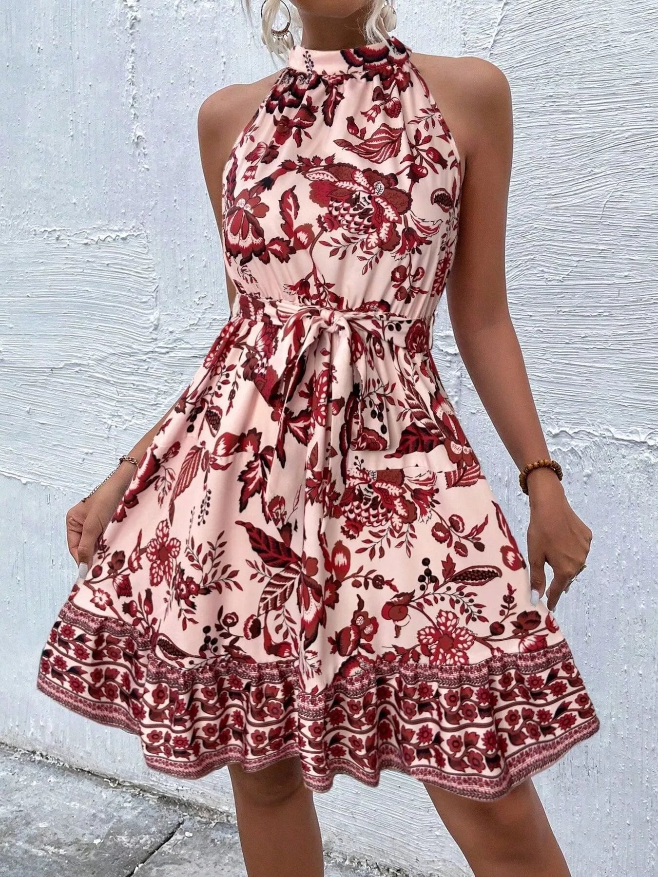 Printed Sleeveless Tie Waist Dress Simmer & Fay Burnt Coral S