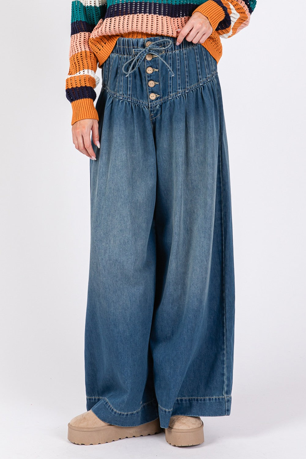 Smocked Waist Band Wide Leg Jeans Sage + Fig   