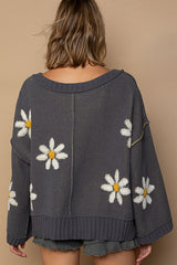 V-Neck Floral Pattern Chenille Sweater POL   