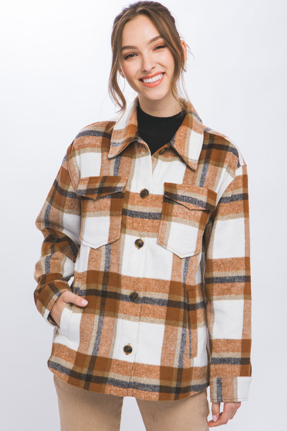 Plaid Button Up Shacket Love Tree Clay S 