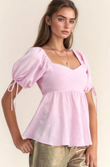 Solid Elastic Peplum Puffed Sleeves Blouse Davi & Dani