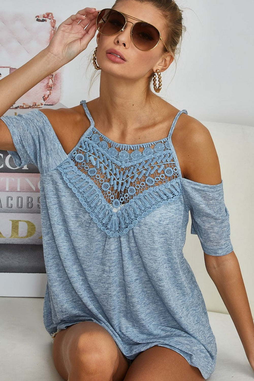 Drop Shoulder Crochet Lace Adjustable Strap Top BiBi   