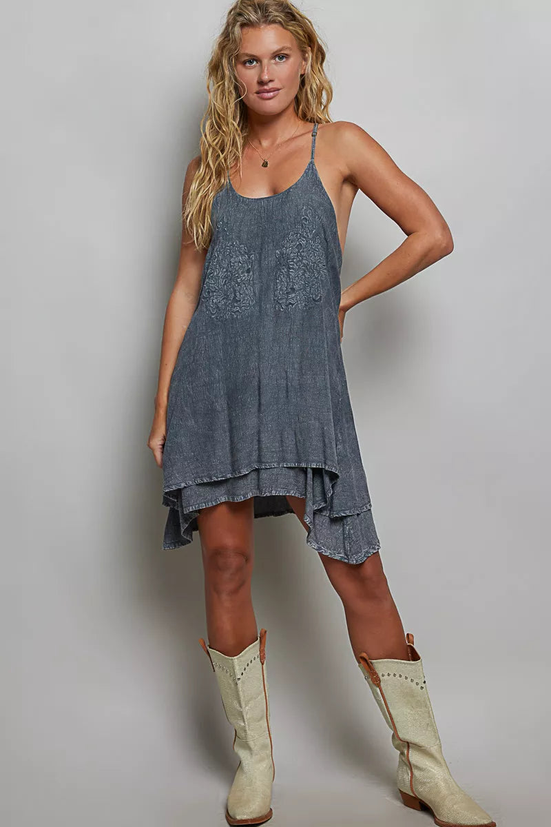 Embroidered Adjustable Strap Mini Dress POL