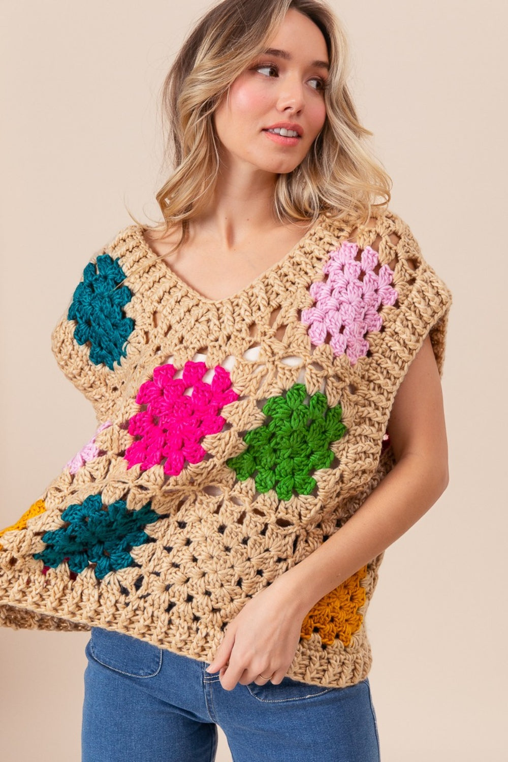 Granny Square Openwork Sweater Vest BiBi   