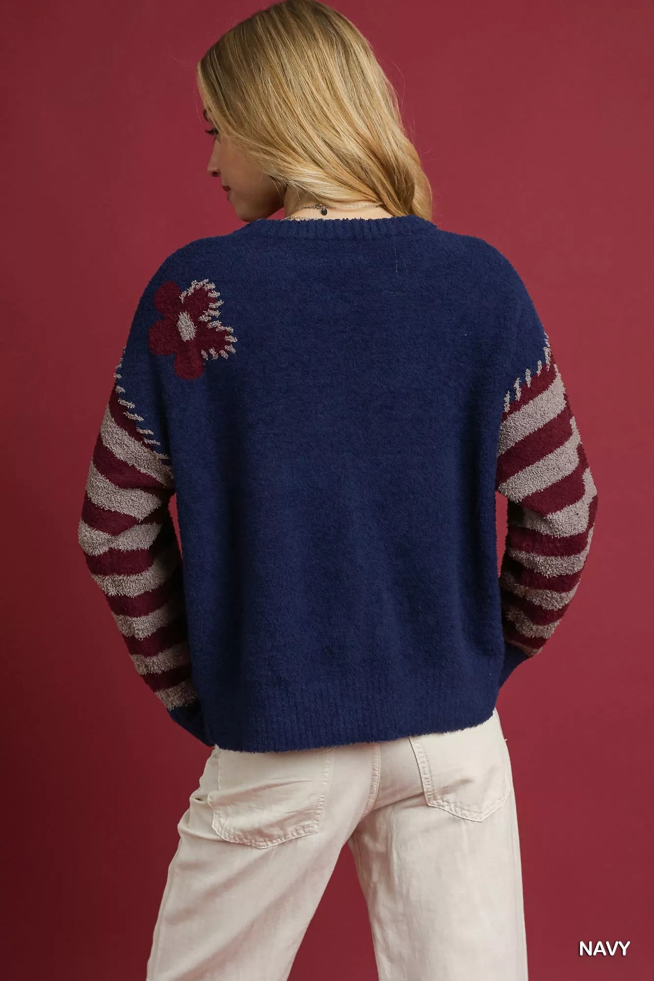 Flower Jacquard Striped Long Sleeve Sweater Umgee
