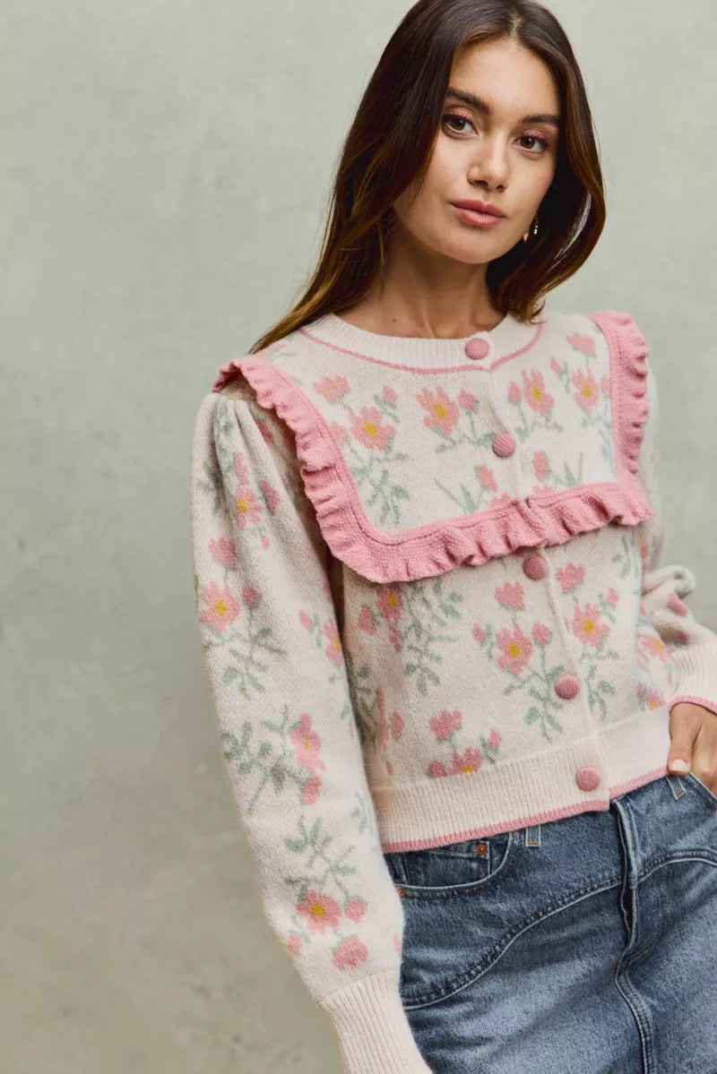 Flower With Ruffle Detailing Sweater Cardigan So Me