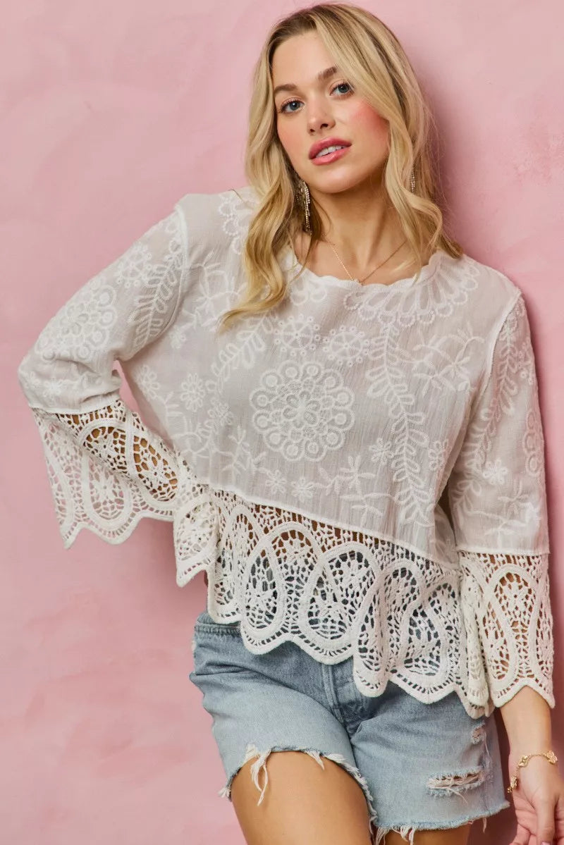 Floral Embroidered Crochet Lace Trimmed Top So Me