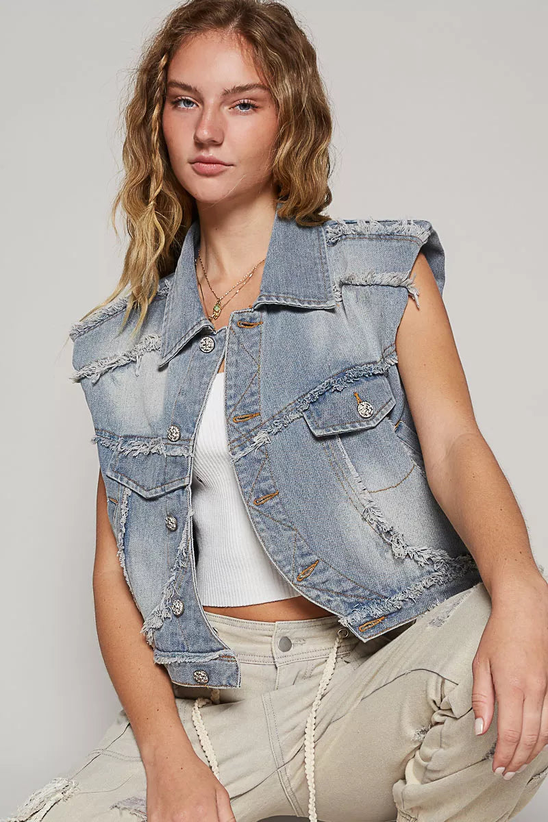 Assymetrical Front Closure Raw Hem Denim Vest POL