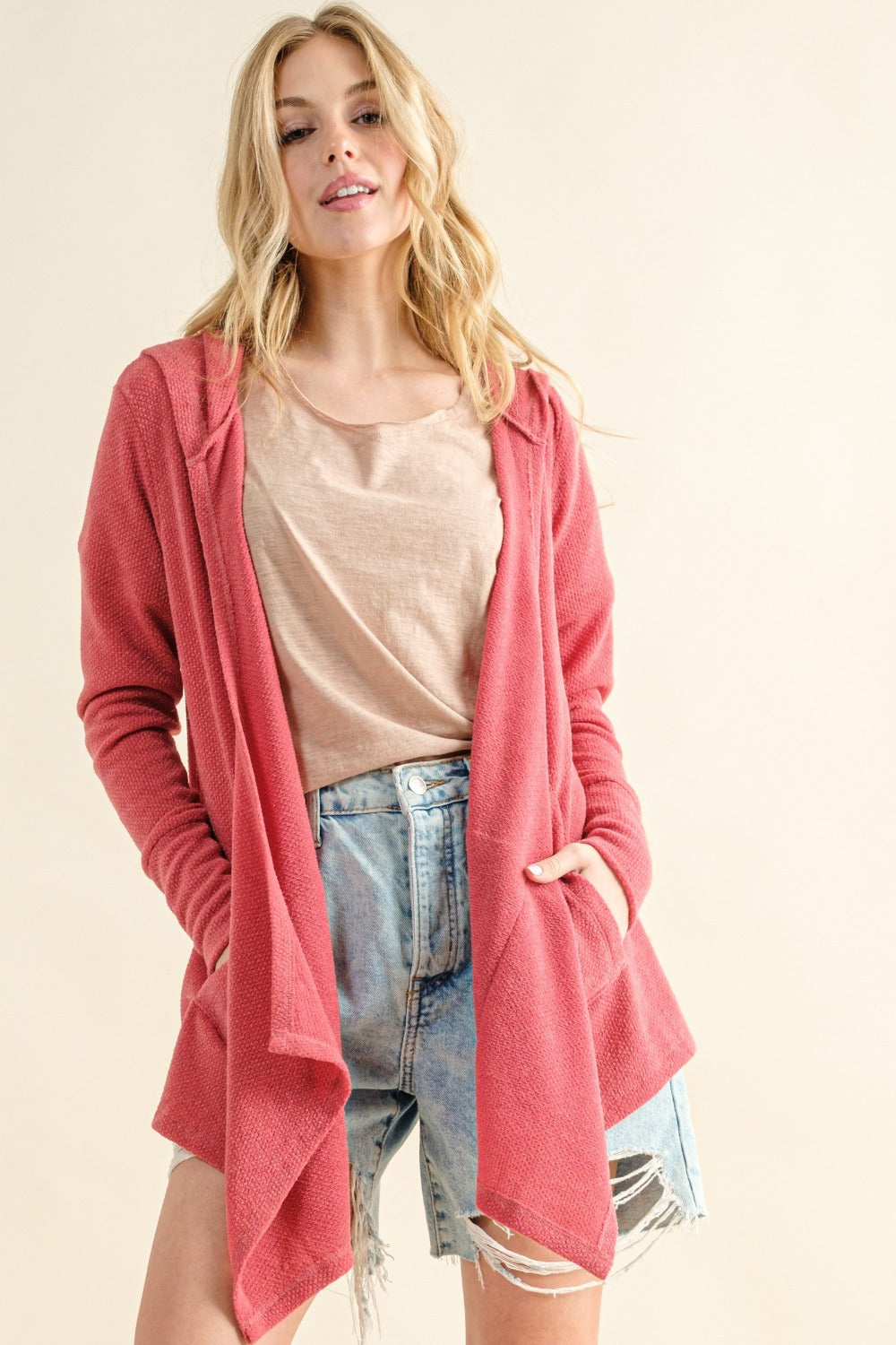 Thermal Hooded Open Front Cardigan with Pockets And the Why Rose Pink S 