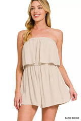 Woven Crinkle Strapless Rompers ZENANA SAND BEIGE S