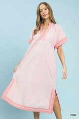 Pinstripe Contrast Trim Midi Dress Umgee PINK S