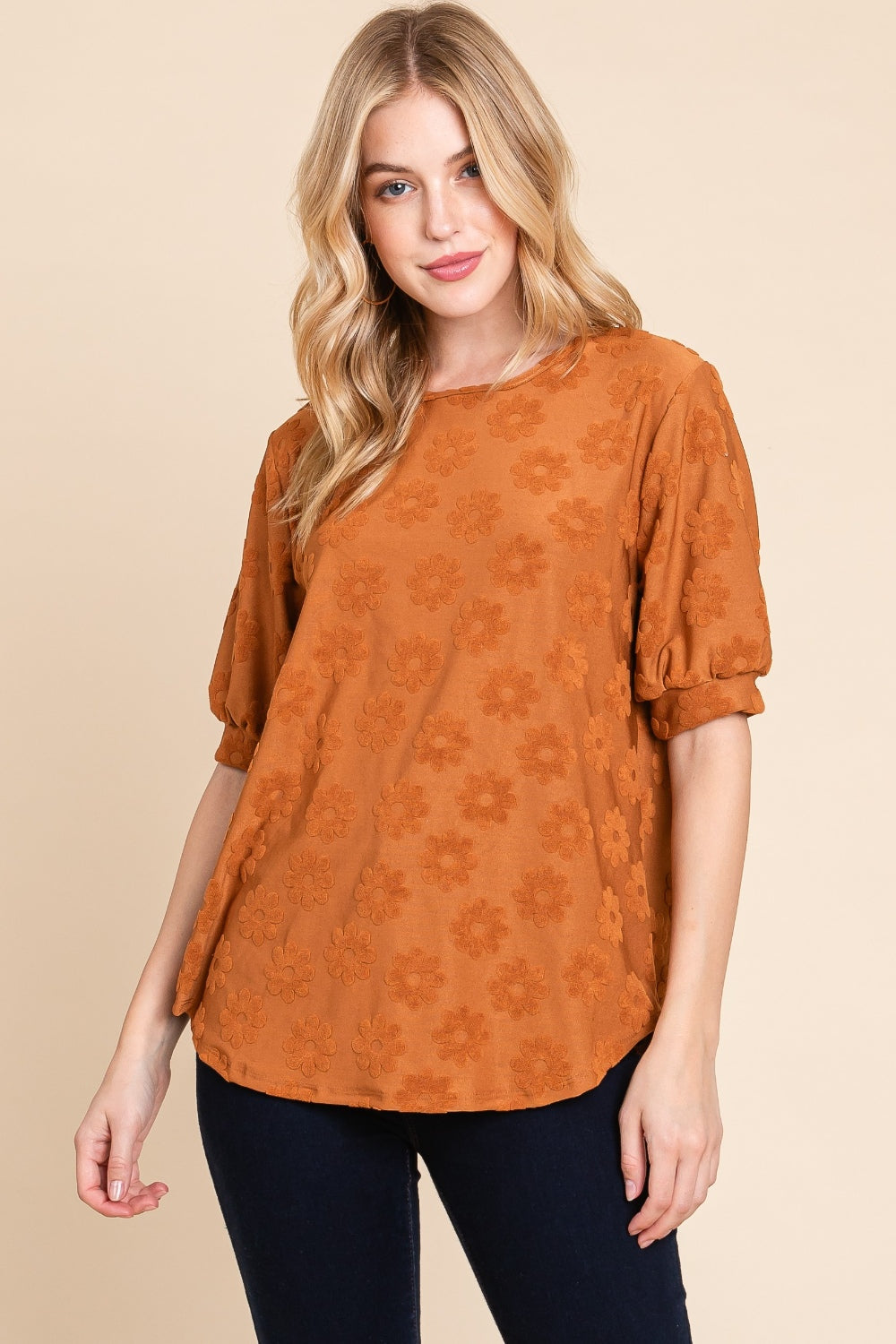 Textured Floral Pattern Top BomBom Camel S