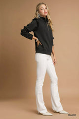 Cable Knit Textured Pullover with Ruffle Shoulders Umgee