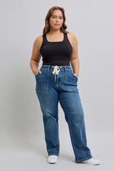 Plus Size High Waist Drawstring Wide Leg Jeans Judy Blue Medium 14W